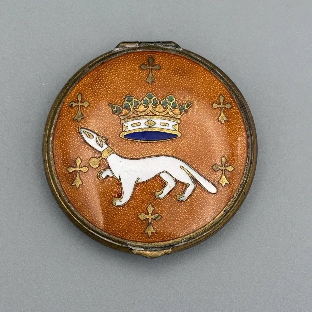 Antique Compact Powder Case French Cloisonné Enamel France Crown Ermine Cross